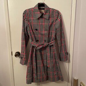 NWOT Banana Republic Black White and Red Plaid Double-Breasted Trench Coat